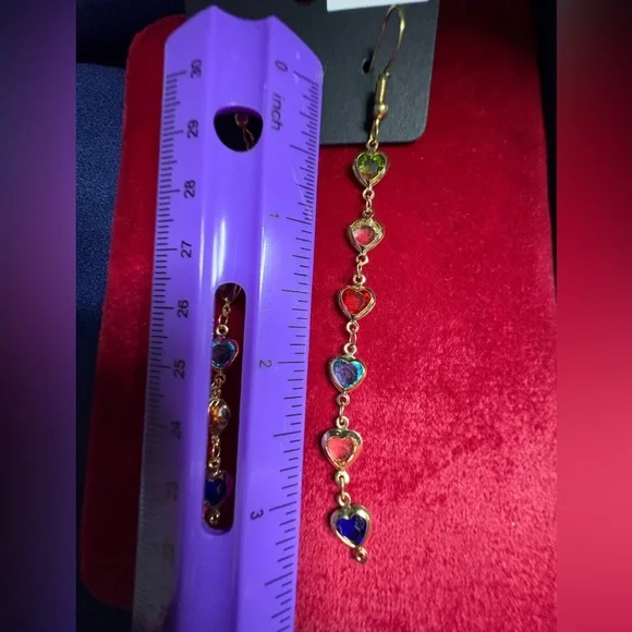 SOLD Earrings Gold Colorful Heart Drop Earrings Long Dangles - Picture 5 of 5